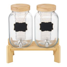 Beverage Dispenser, 2 Pack 1 Gallon Drink Dispensers for Parties, Glass Juice Dispenser with Wood Stand, Stainless Steel Spigot, Infuser