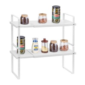 Adjustable Kitchen Cabinet Shelf Organizer, Expandable 2 Tier Cabinet Shelf, Stackable Countertop Organizers and Storage Shelf Risers